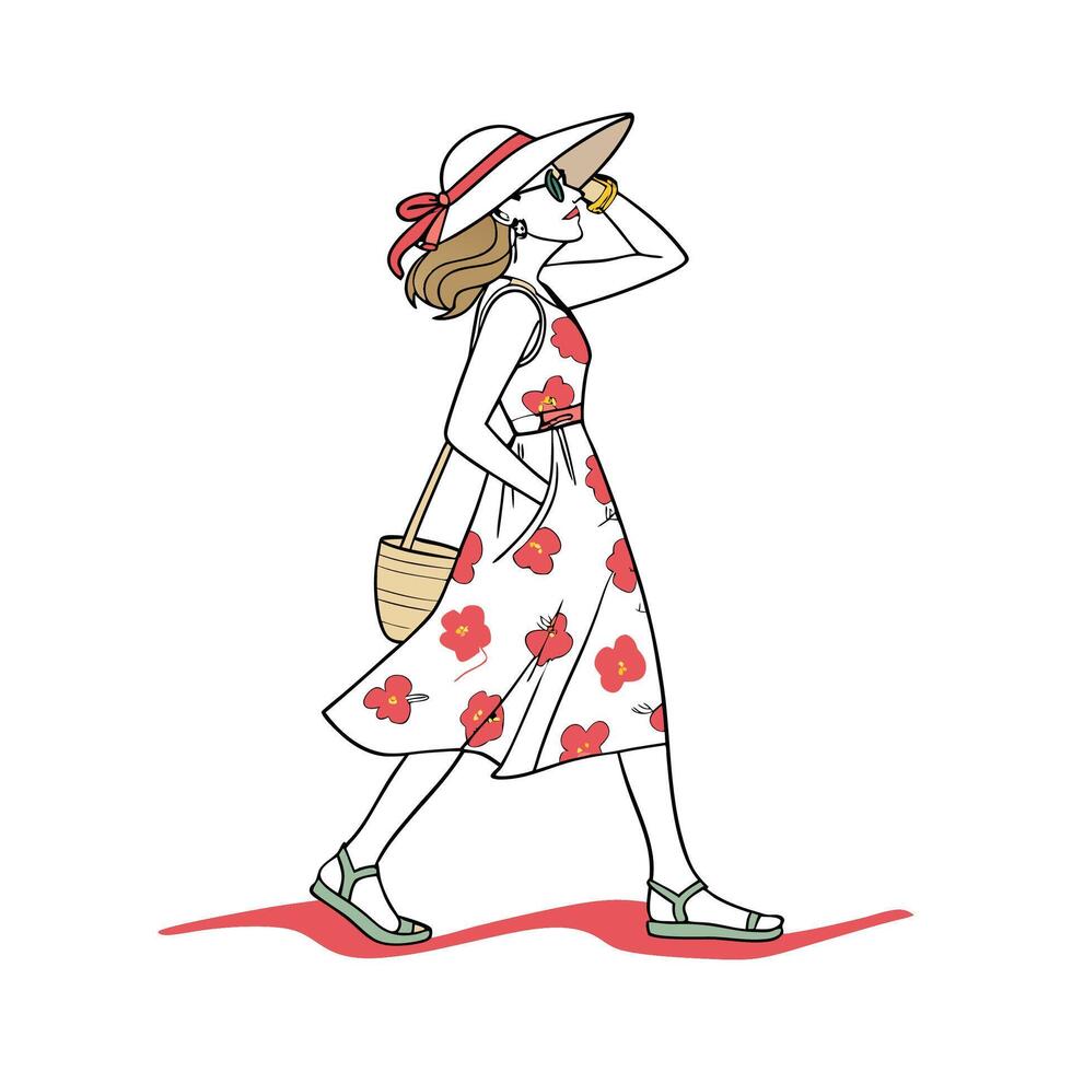 Elegant Floral Sundress Fashion Model. vector