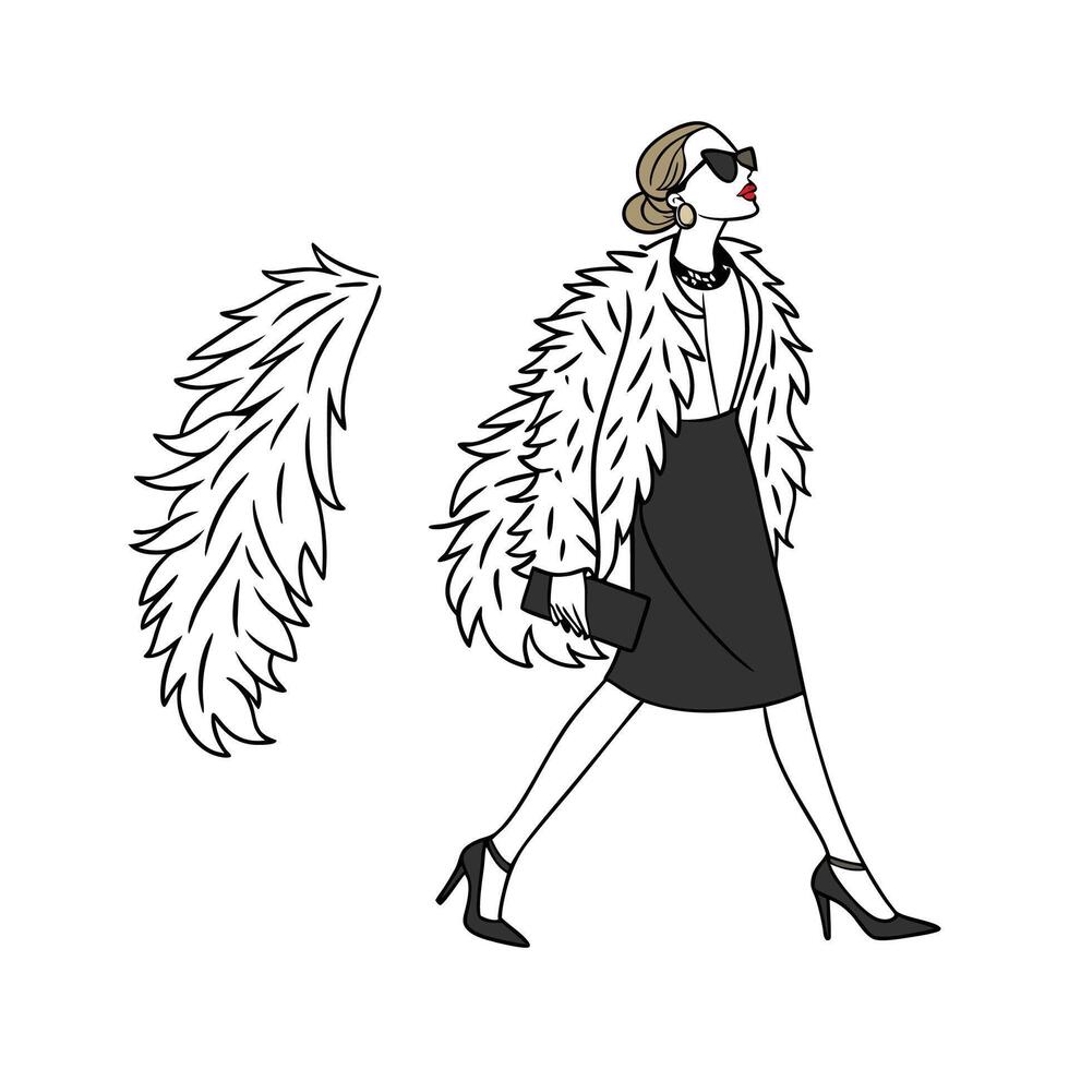 Trendy Glamorous Feathered Jacket Fashion Model. vector