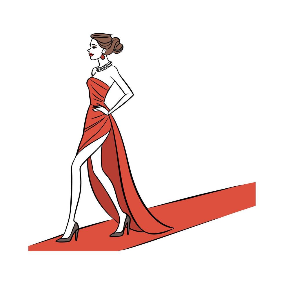 Chic Glamorous Red Carpet Fashion Model Illustration. vector