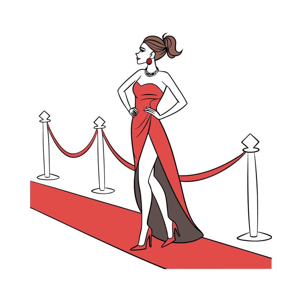 Vibrant Glamorous Red Carpet Fashion Model. vector