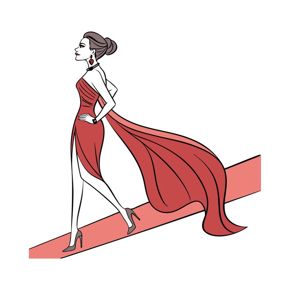 Trendy Glamorous Red Carpet Fashion Model. vector