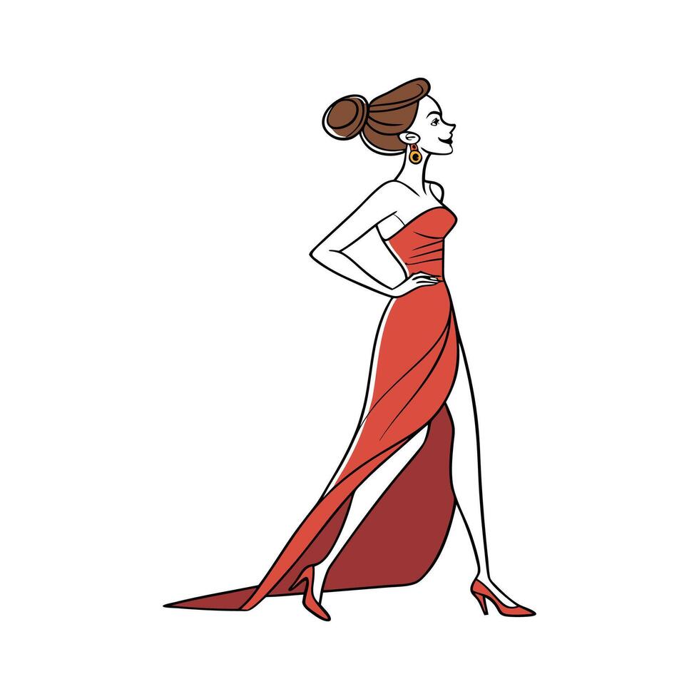 Elegant Glamorous Red Evening Gown Fashion Model. vector