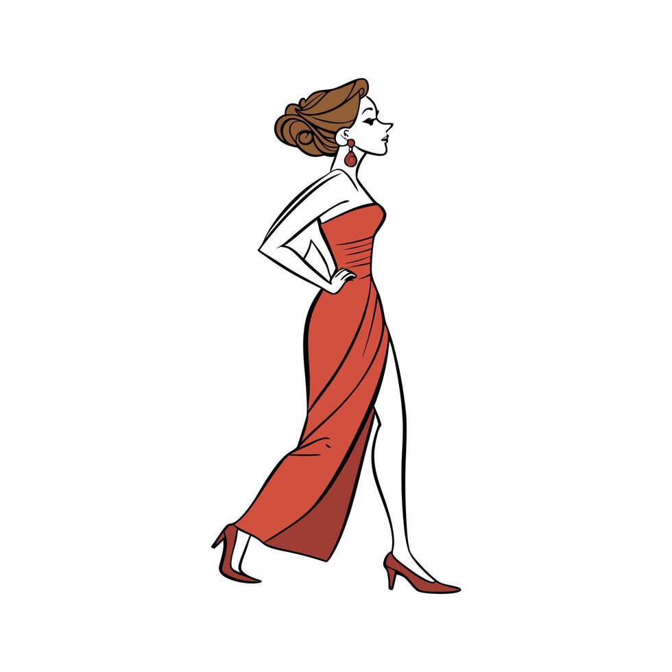 Trendy Glamorous Red Evening Gown Fashion Model. vector