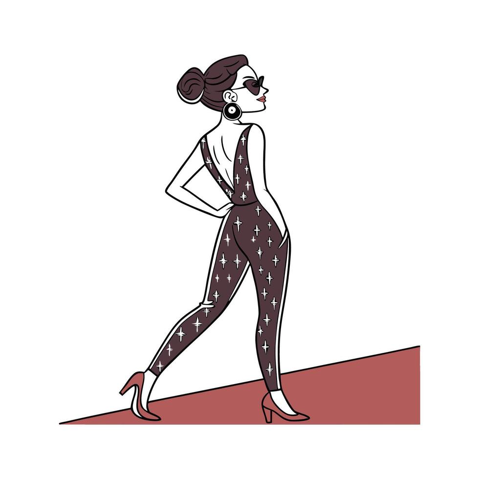 Chic Glamorous Sparkling Jumpsuit Fashion Model. vector