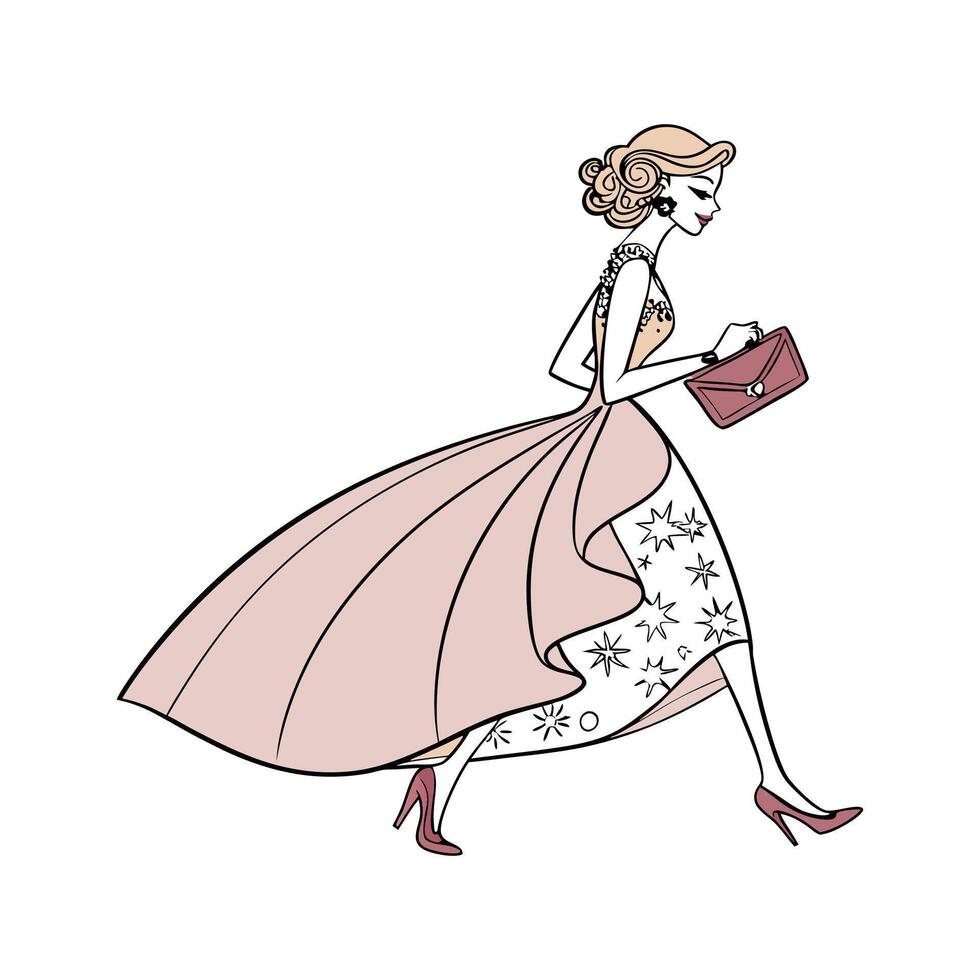 Chic Luxurious Evening Gown Fashion Model. vector