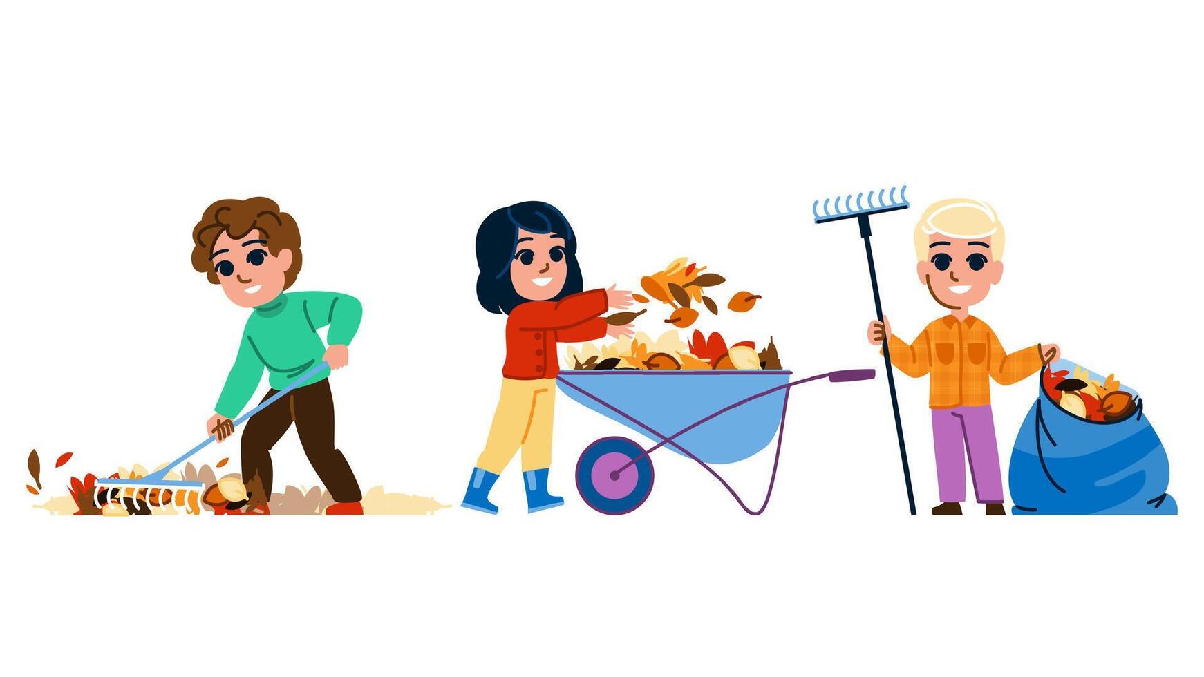 fall raking leaves kid vector