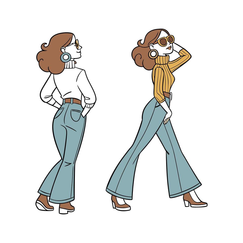 Elegant Retro 70s Bell Bottom Fashion Model 2. vector