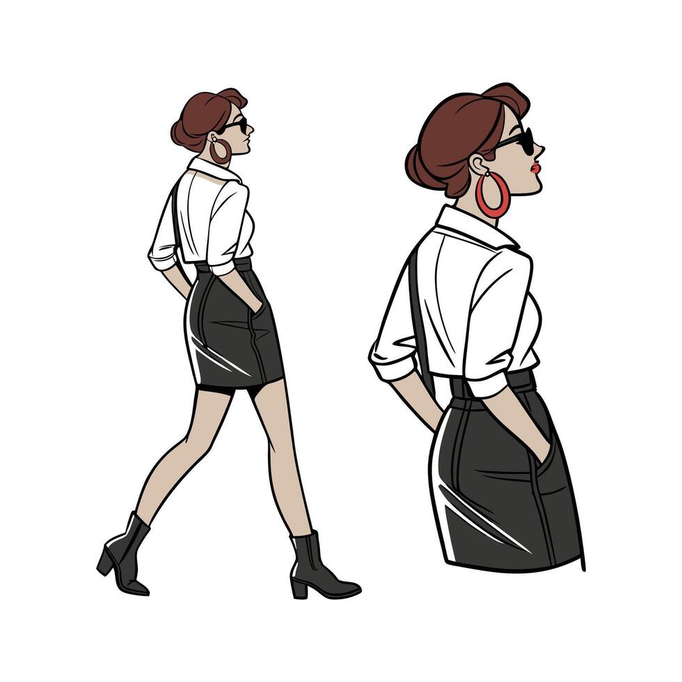 Chic Sleek Leather Mini Skirt Fashion Model. vector