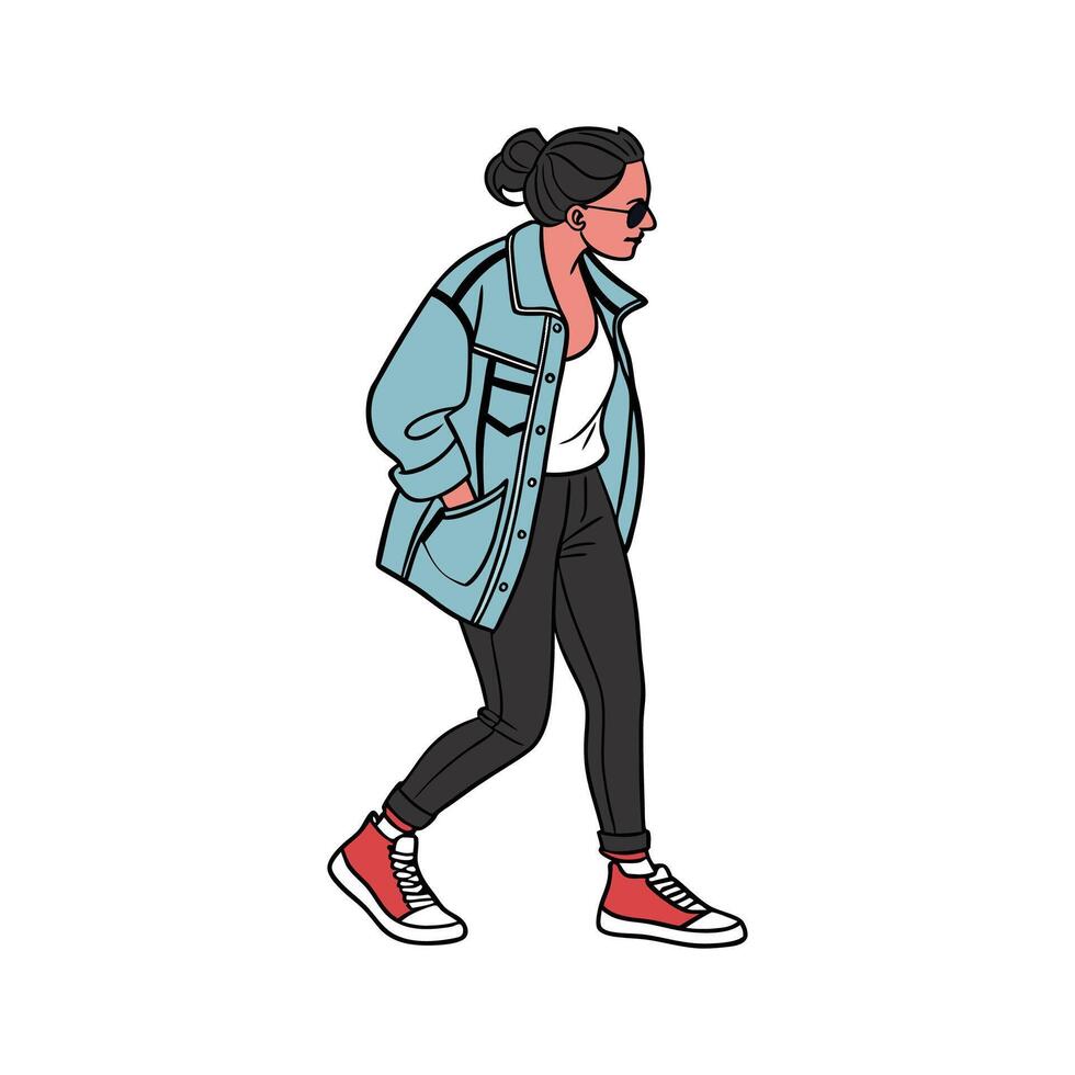 Trendy Trendy Denim Jacket Fashion Model Illustrate. vector