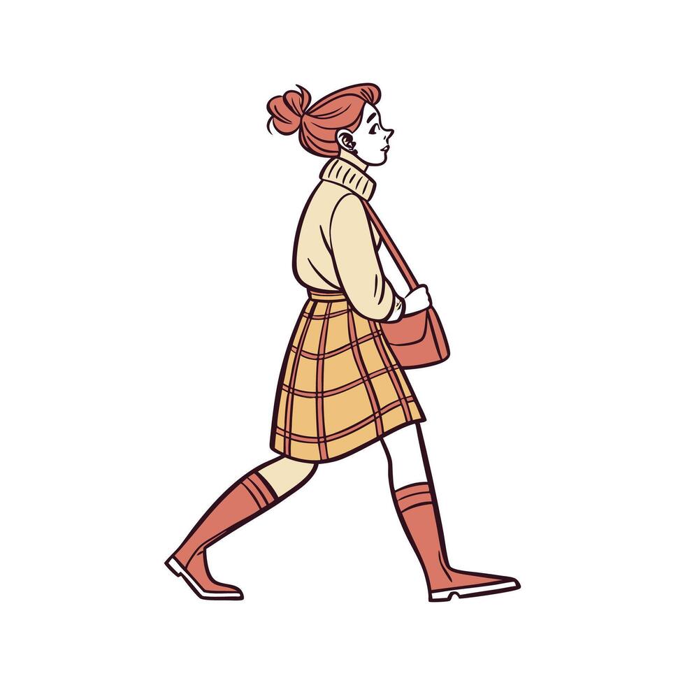 Chic Trendy Plaid Skirt Fashion Model Design. vector