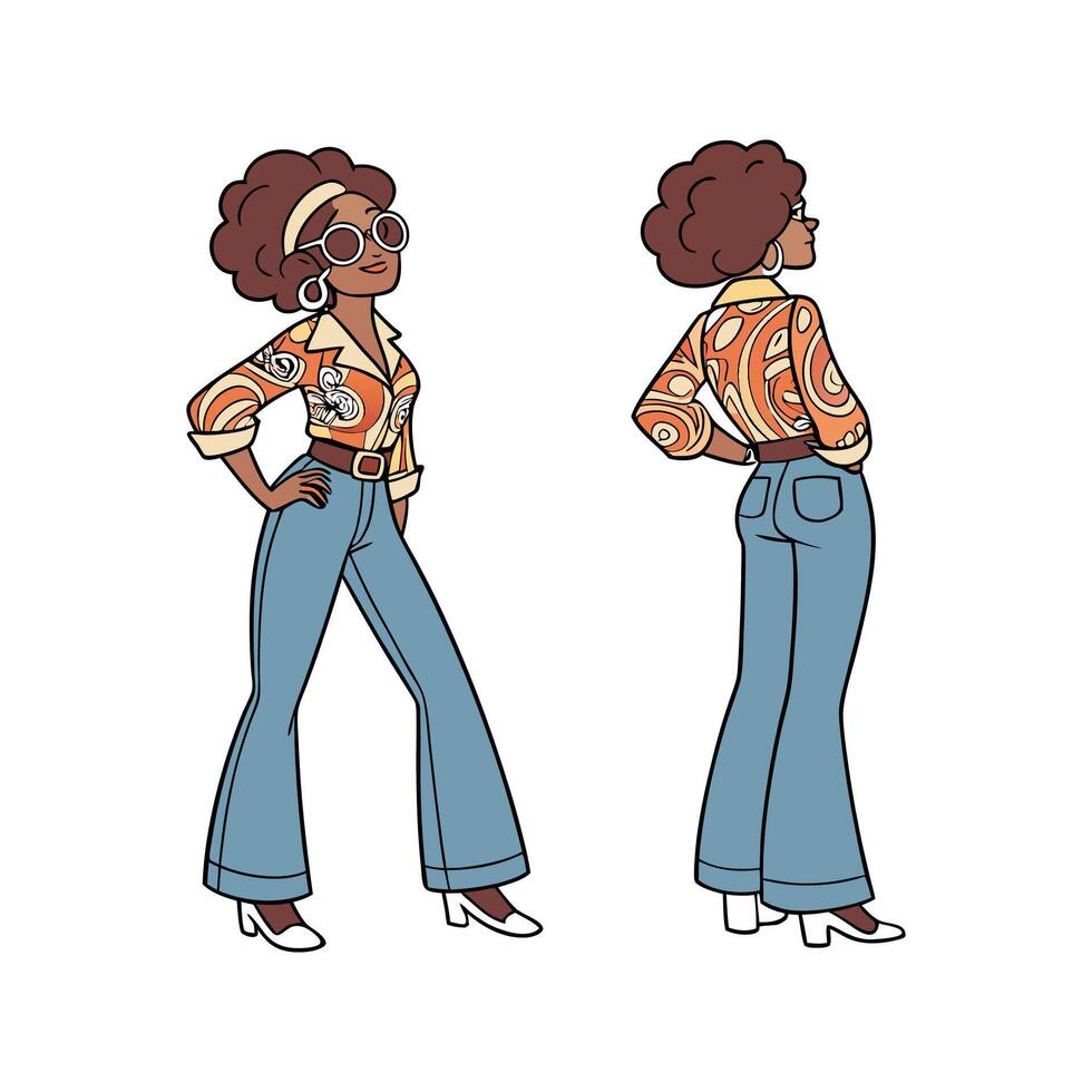 Bold Vintage 70s Bell Bottoms Fashion Model Design 1. vector