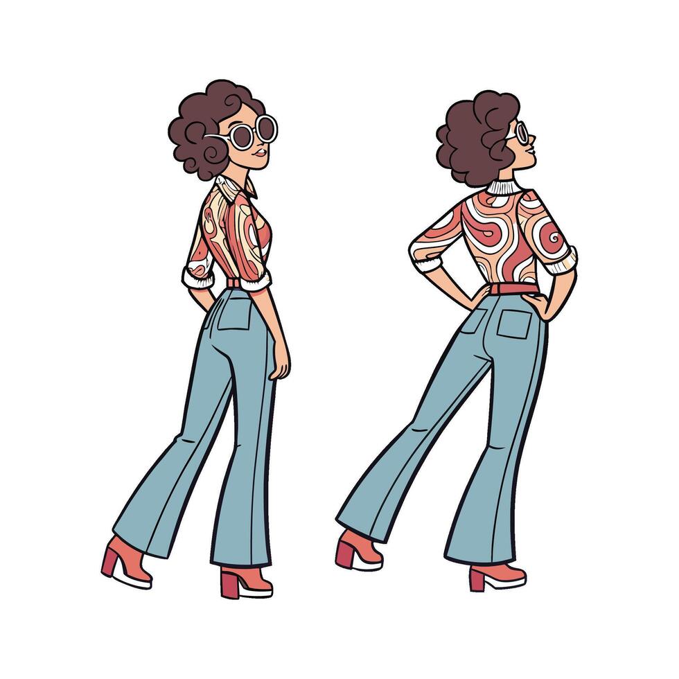 Trendy Vintage 70s Bell Bottoms Fashion Model Design 3. vector