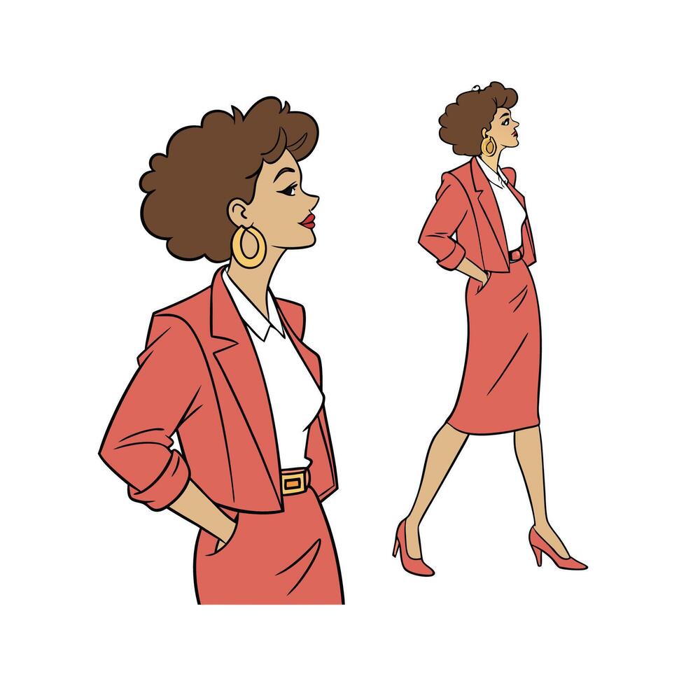 Elegant Vintage 80s Power Dressing Fashion Model Illustrate. vector