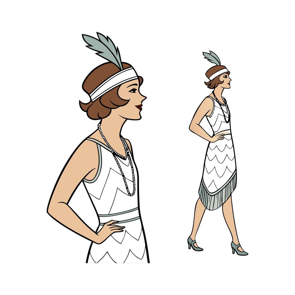 Chic Vintage 1920s Flapper Fashion Model Illustrate. vector