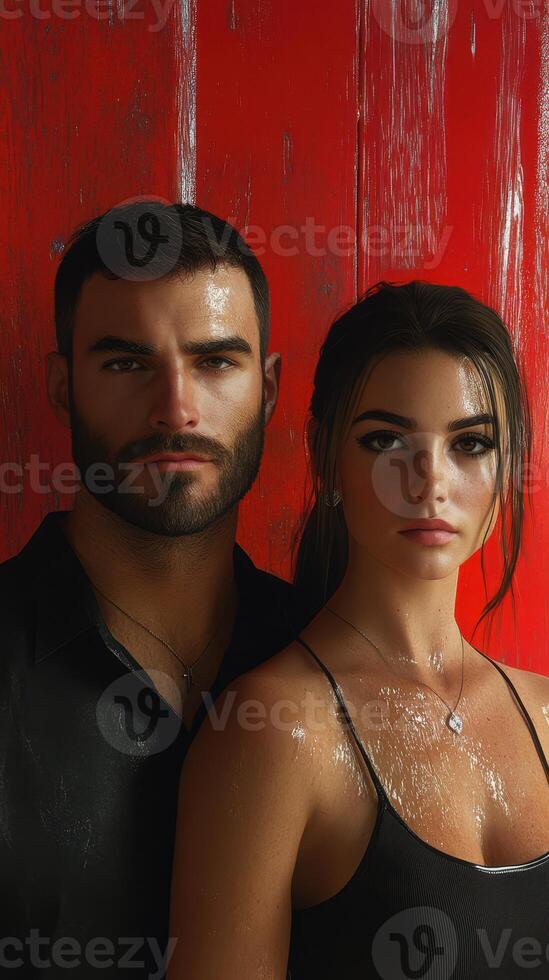 Couple poses together against a vibrant red backdrop in a close-up portrait capturing intimate expressions and details photo