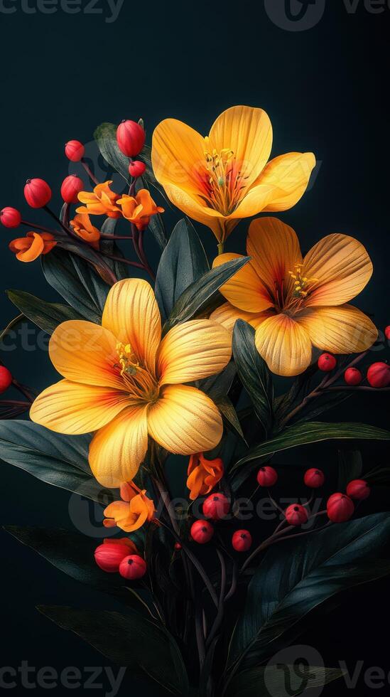 Bright yellow flowers with red berries create a striking contrast in a dark setting photo
