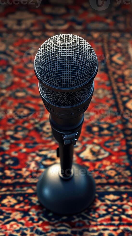 Microphone on a stand positioned on an ornate rug in an indoor setting during a music session or performance photo