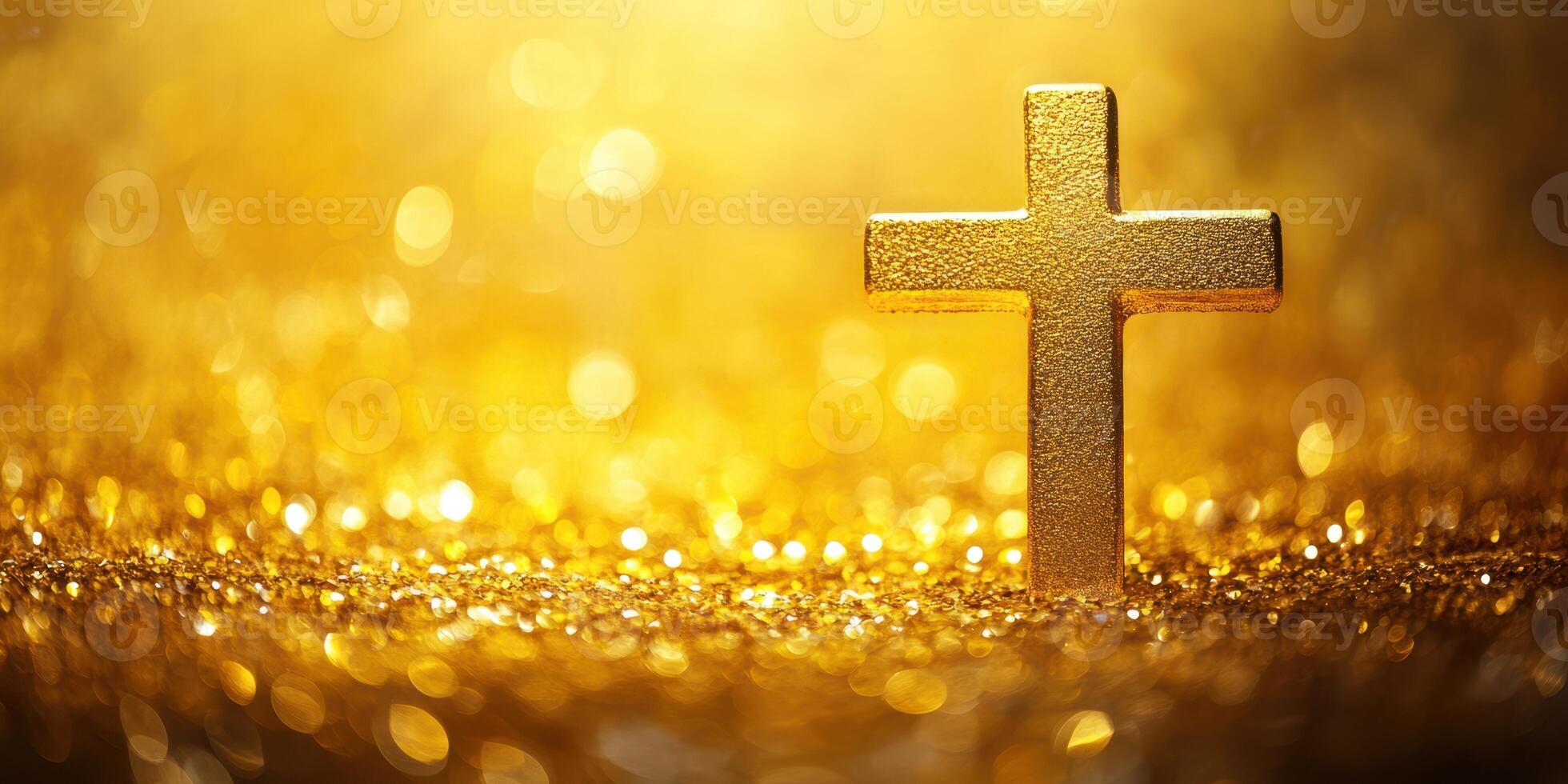 Golden cross illuminated against a shimmering background in a sacred setting photo