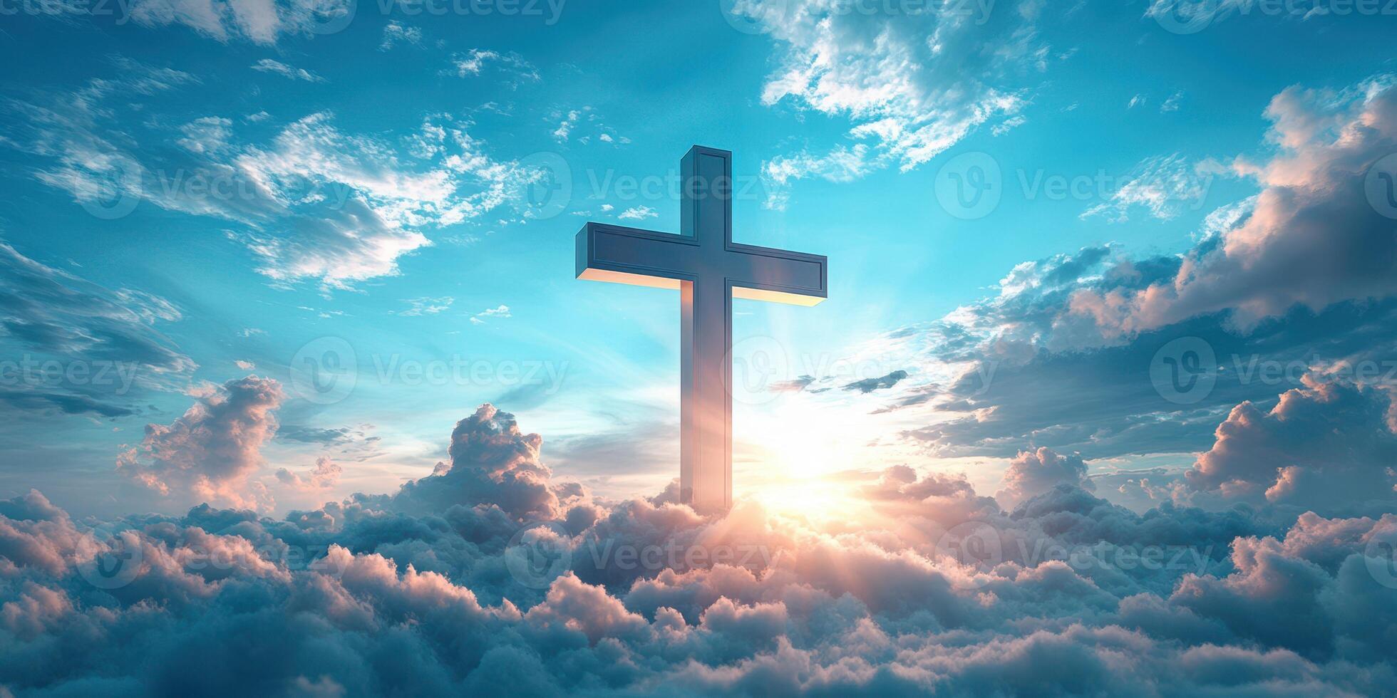 Bright cross emerging from clouds at sunset creates a serene spiritual atmosphere in the sky photo