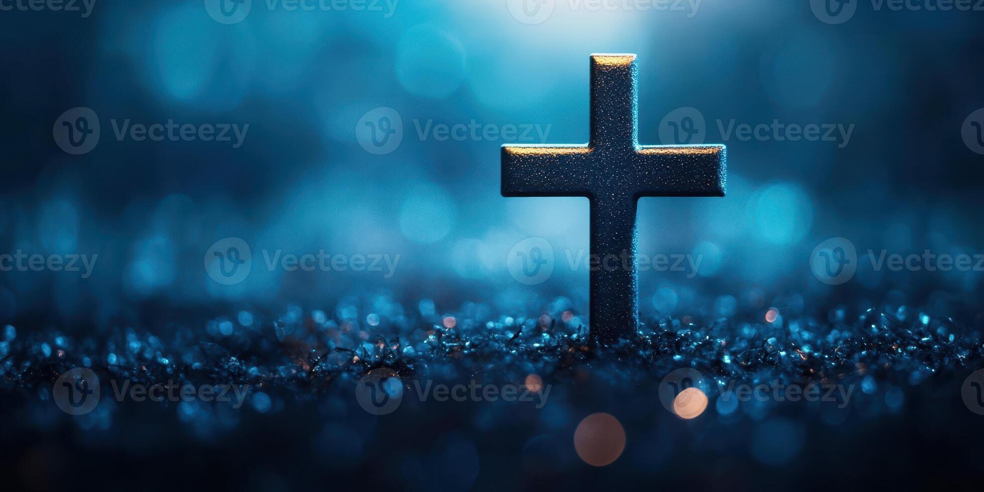 Beautiful cross stands illuminated in dark surroundings with shimmering light reflections, symbolizing hope and faith photo