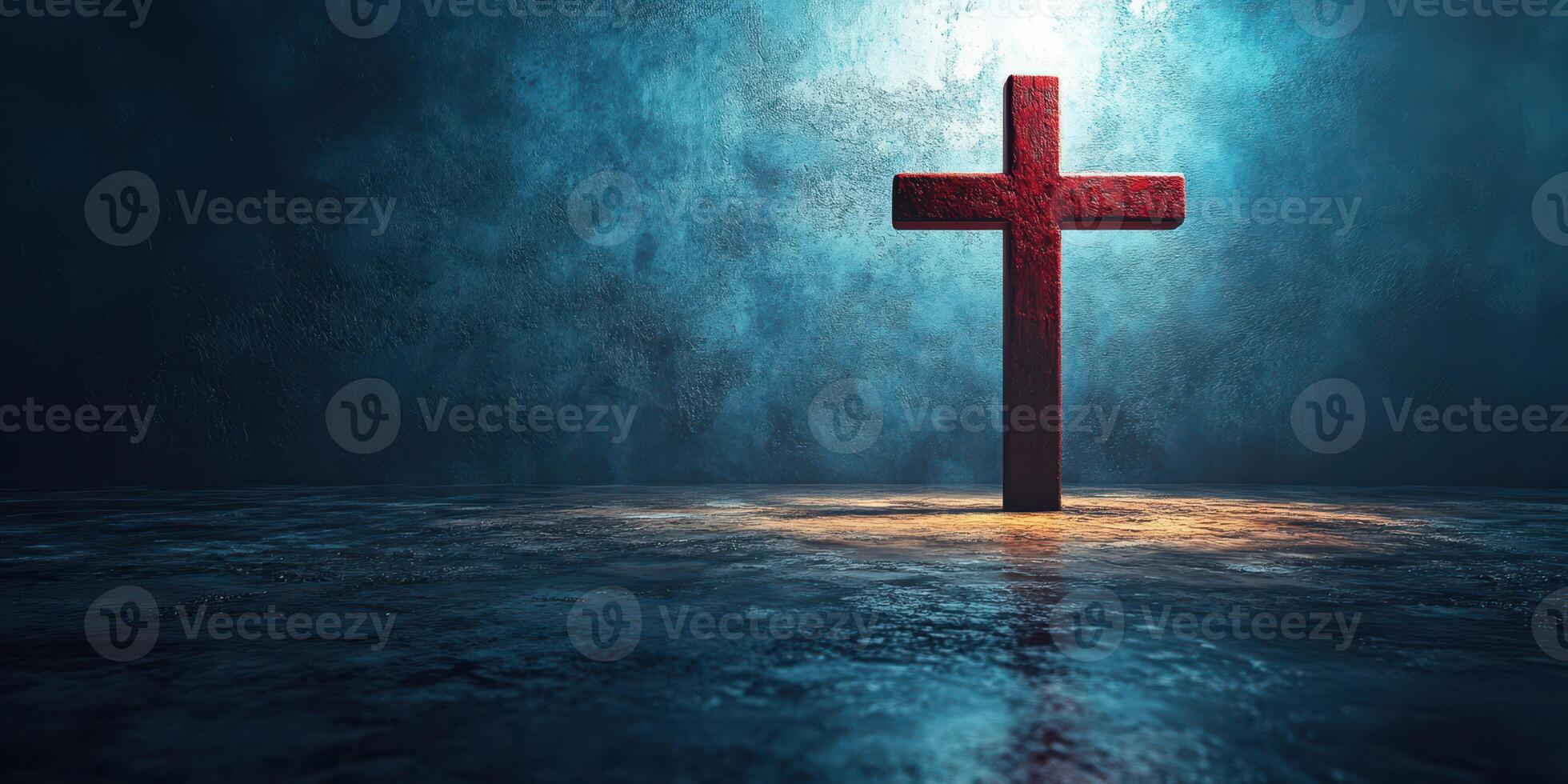 Cross illuminated in a dark, atmospheric setting representing hope and faith with a mystical aura photo