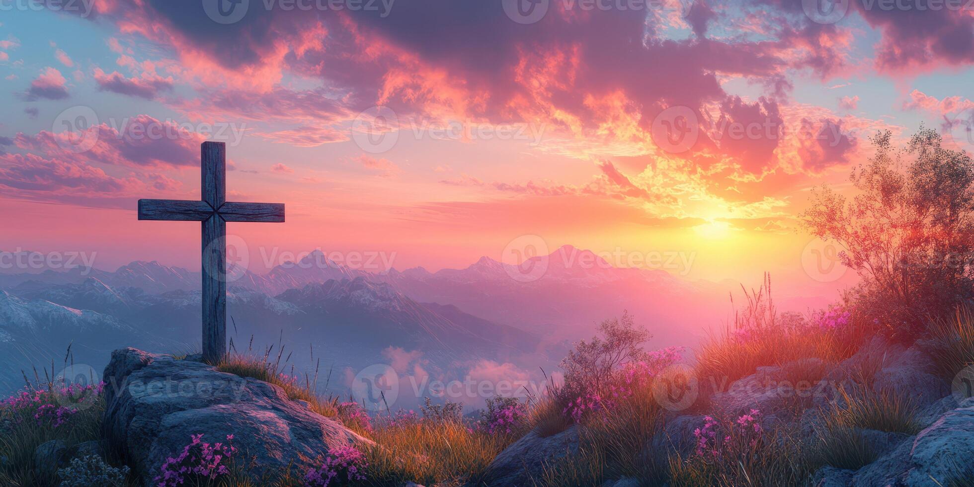 Sunset over mountains with a wooden cross and flowers in a serene landscape photo