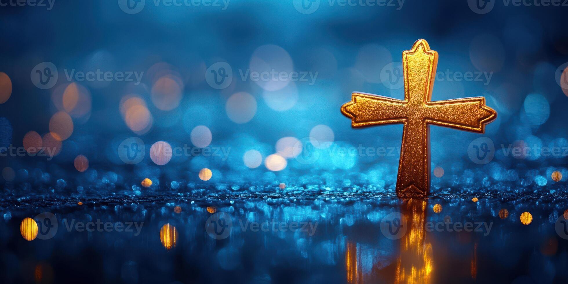 Golden cross glows softly on a wet surface surrounded by shimmering blue lights in the evening photo