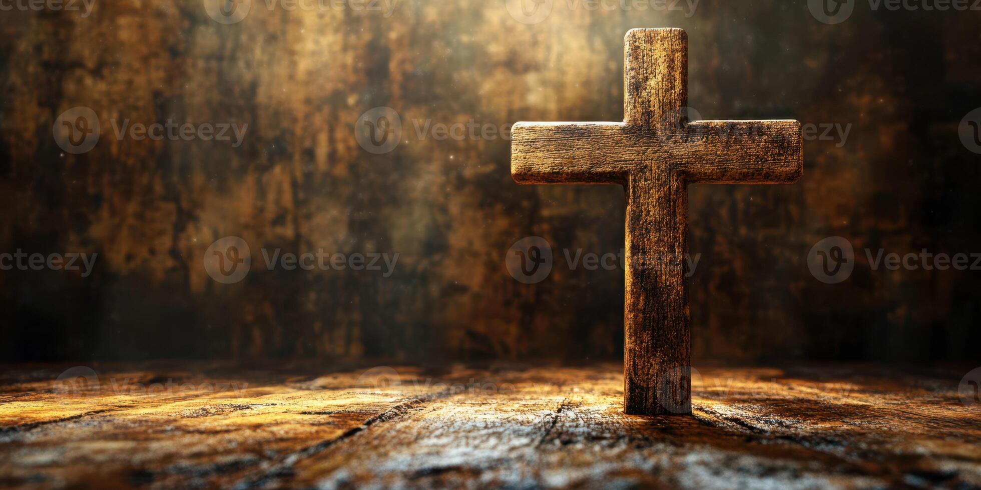 Rustic wooden cross stands on a weathered table in a dimly lit room evoking a sense of spirituality and reflection photo