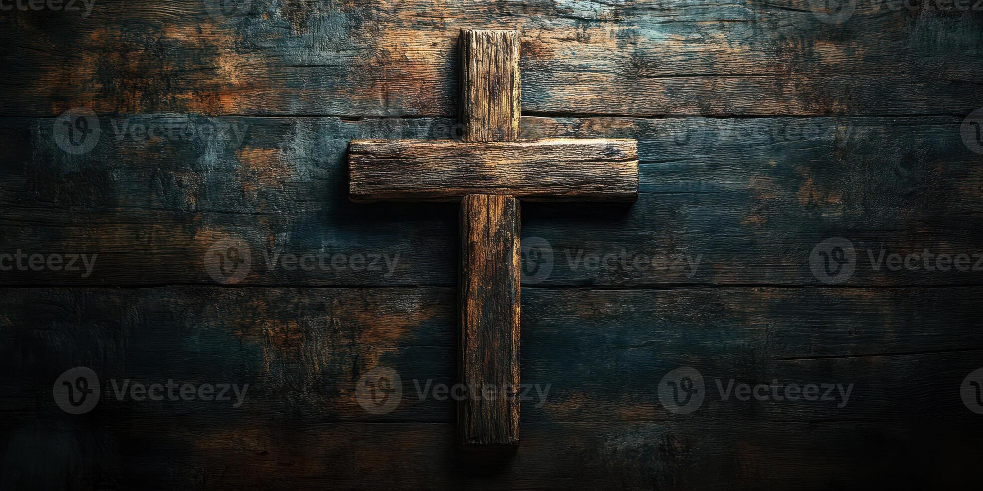 Wooden cross against a dark wooden background evokes feelings of faith and spirituality photo