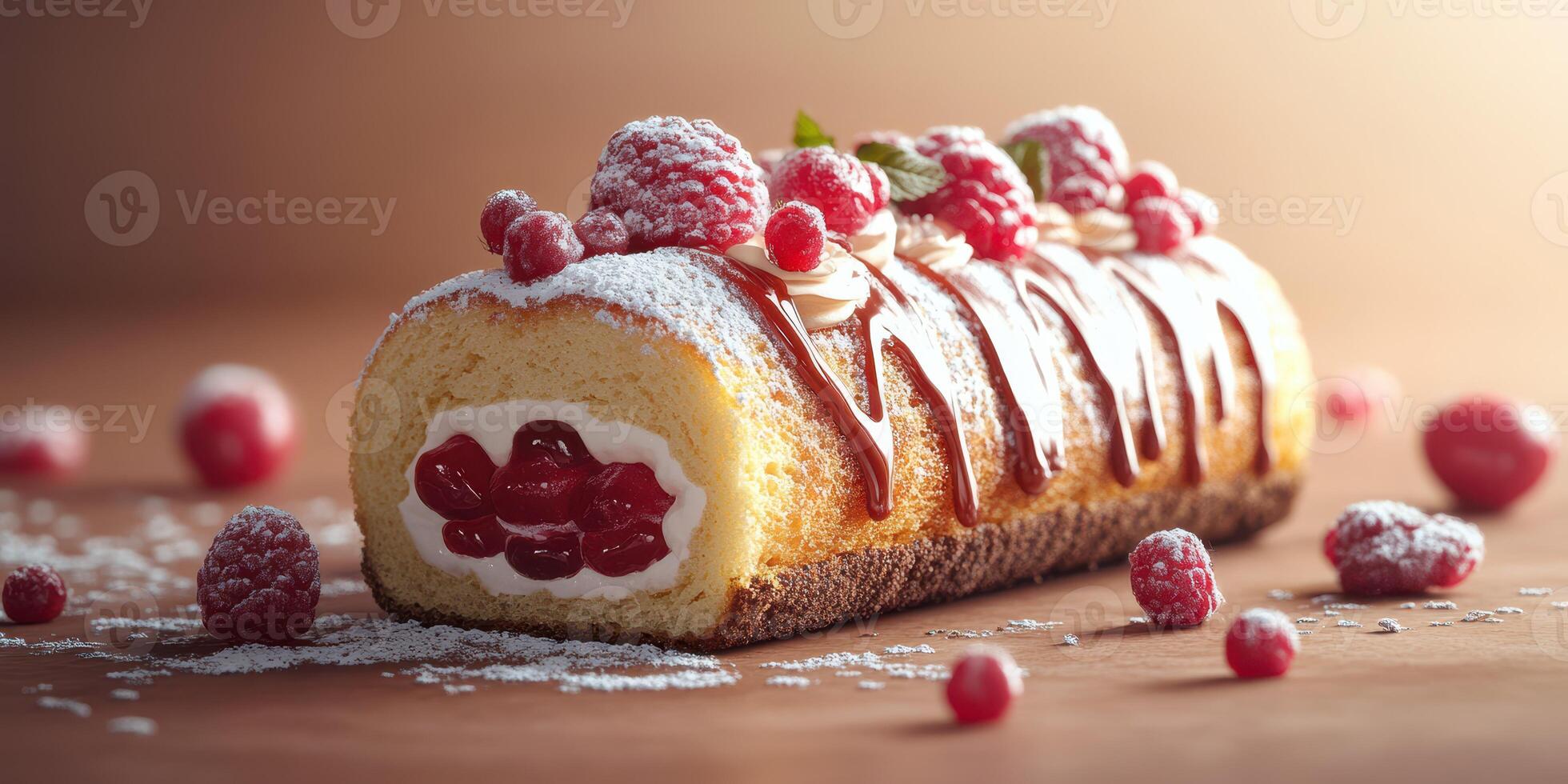 Delightful raspberry cake roll adorned with cream and fresh berries on a wooden surface photo