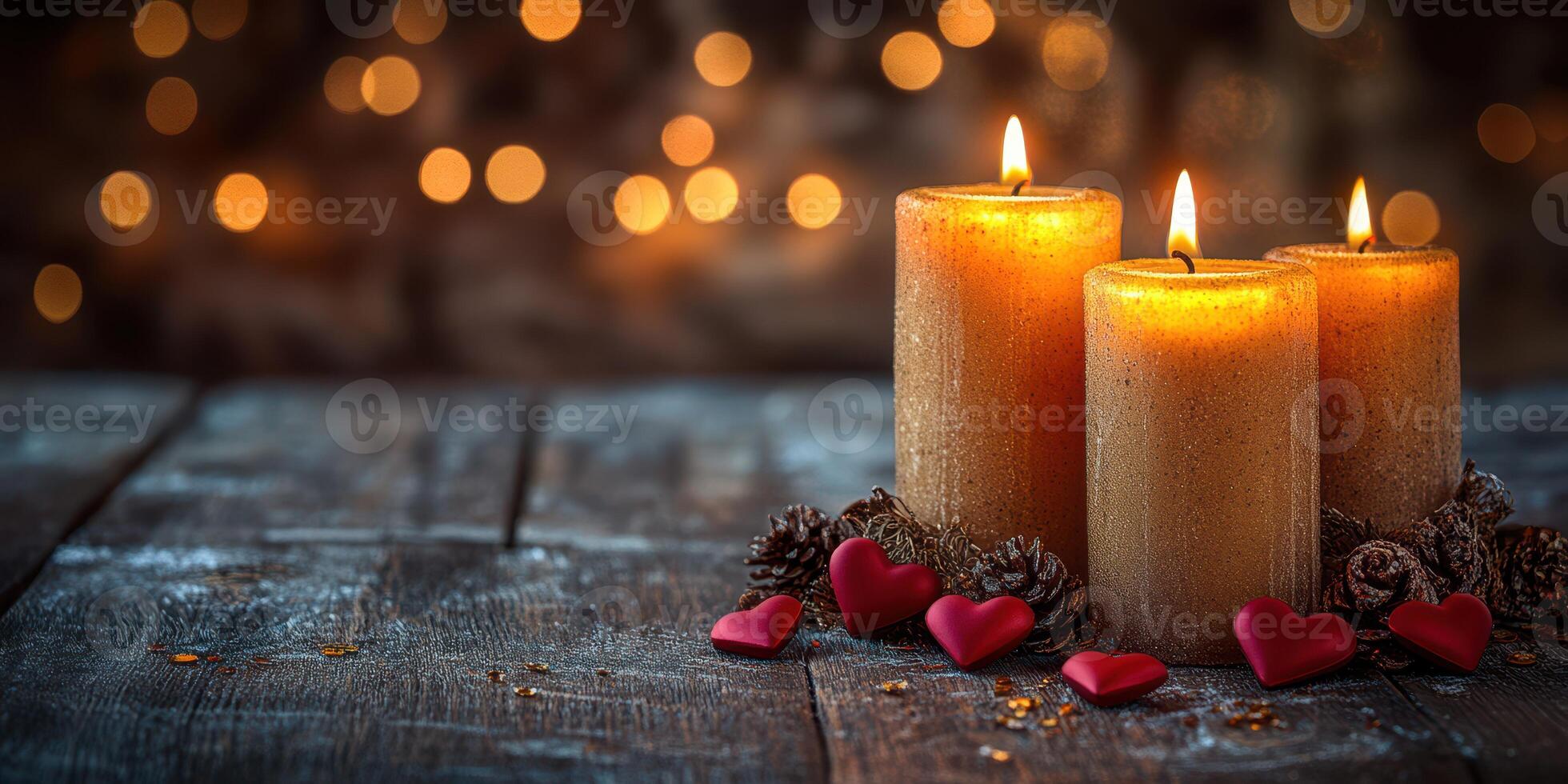 Warm candlelight creates a cozy atmosphere for a romantic evening celebration with hearts and pinecones photo