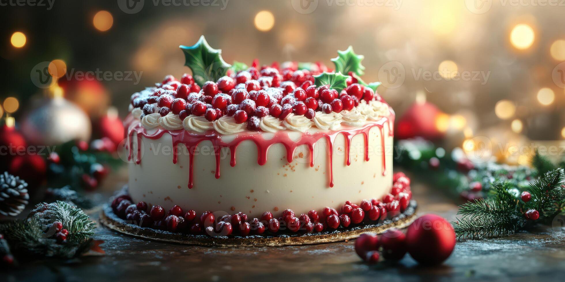 Holiday dessert display with cranberry cake adorned with festive decorations and warm lights photo