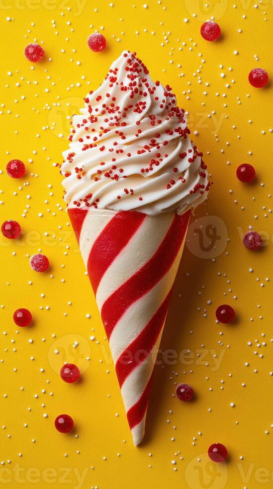 Swirled red and white ice cream cone surrounded by colorful candy on a bright yellow background photo