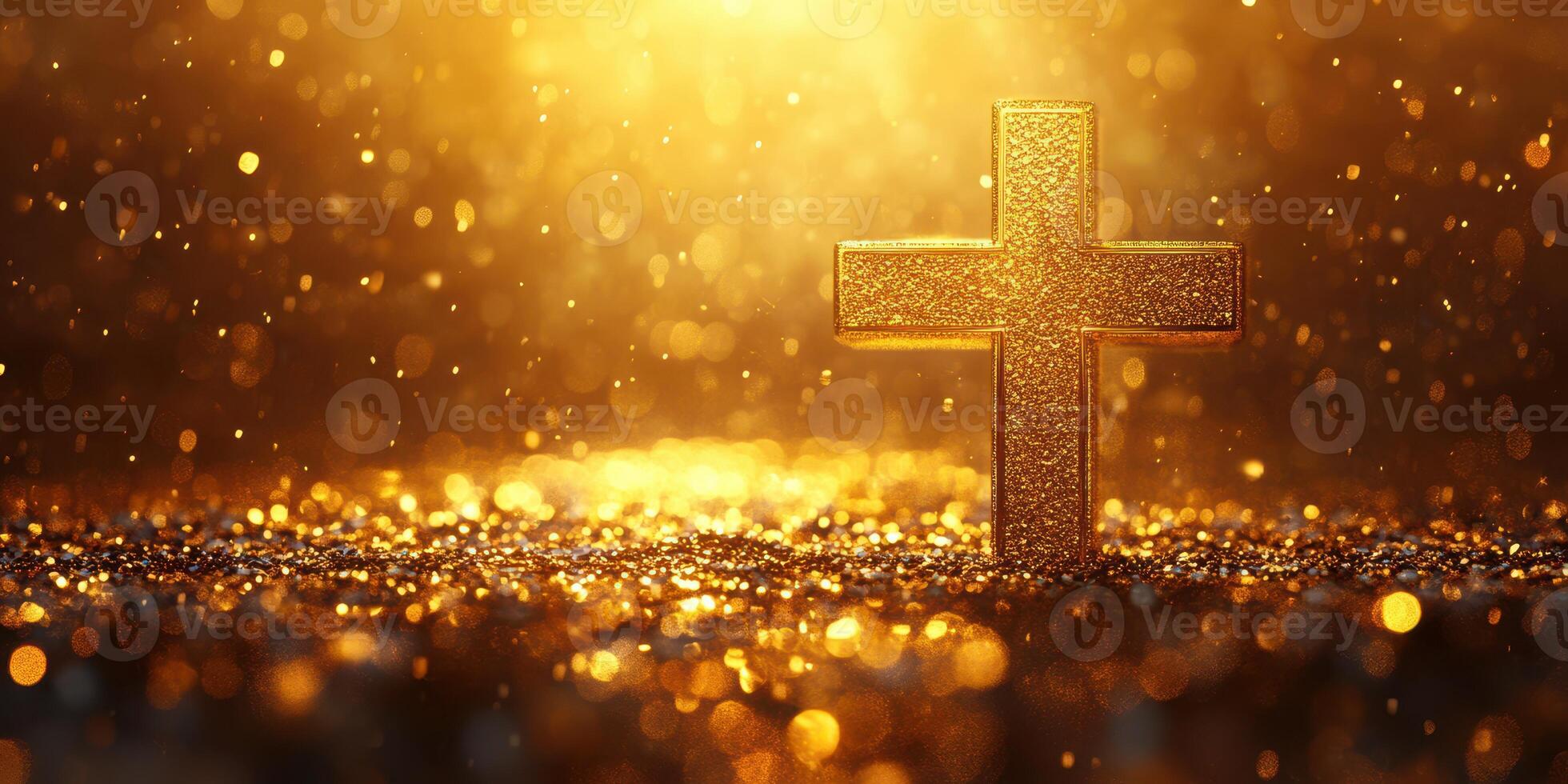 Golden cross illuminated by soft light with shimmering particles in the background during a tranquil moment of reflection photo