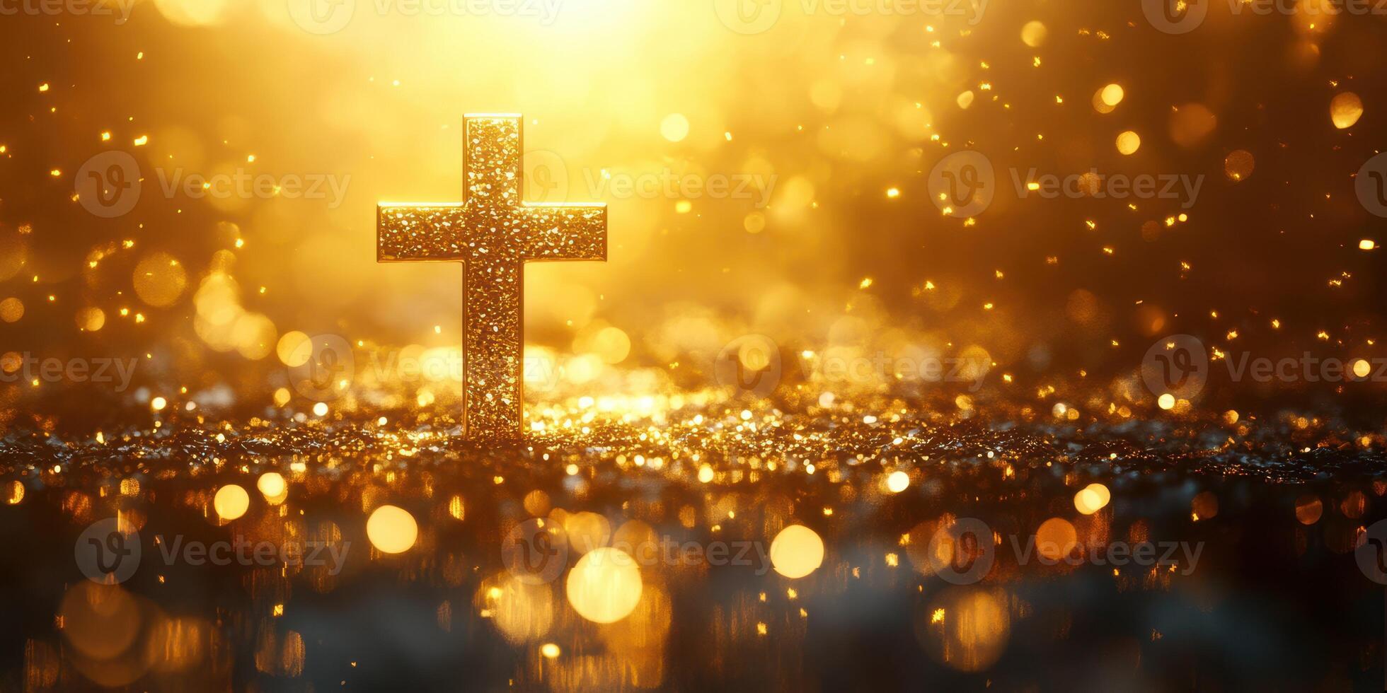 Cross illuminated by a radiant golden light surrounded by shimmering reflections in a mystical atmosphere photo