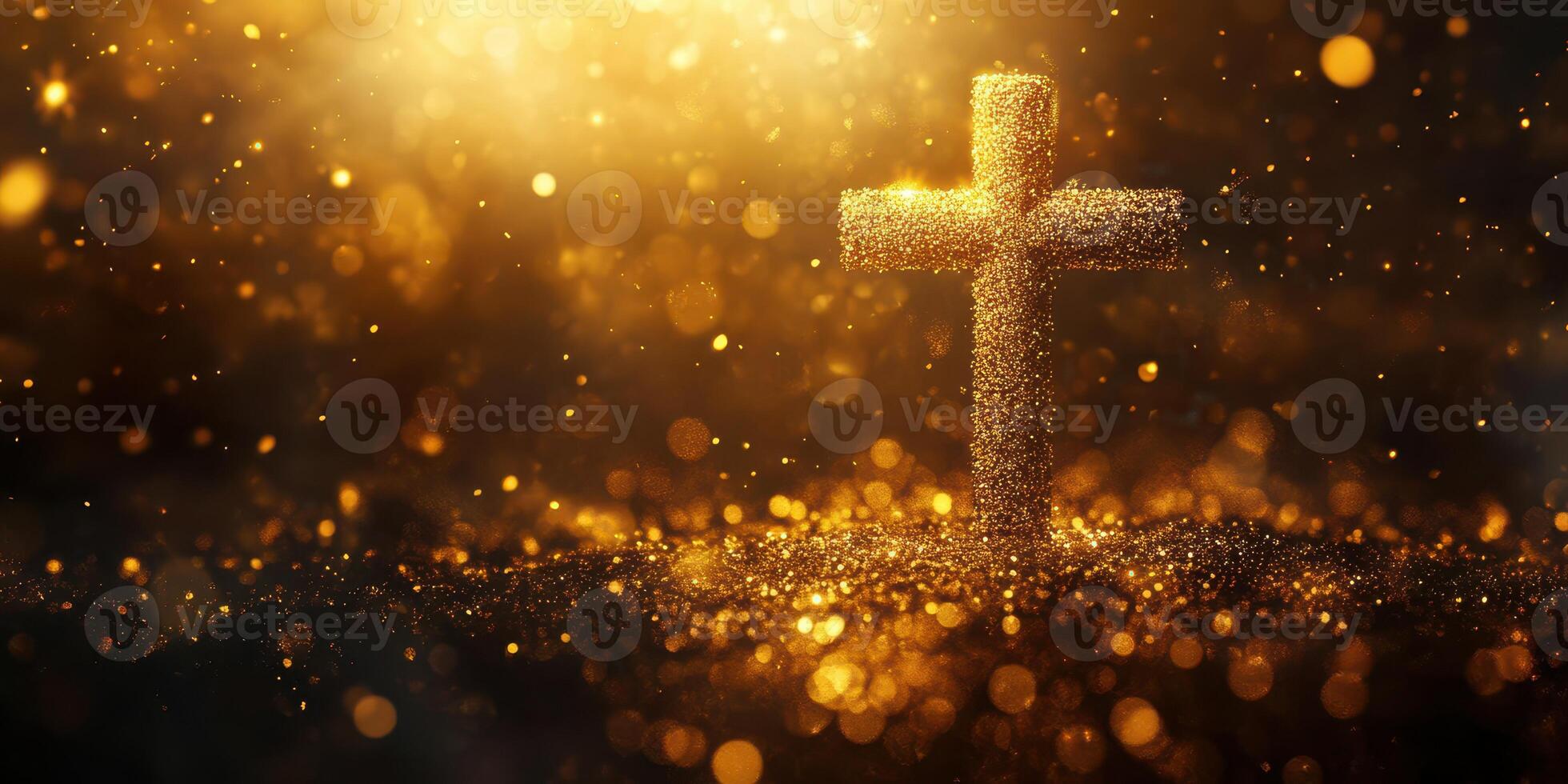 Glimmering cross surrounded by golden sparkles in a serene atmosphere during the evening photo