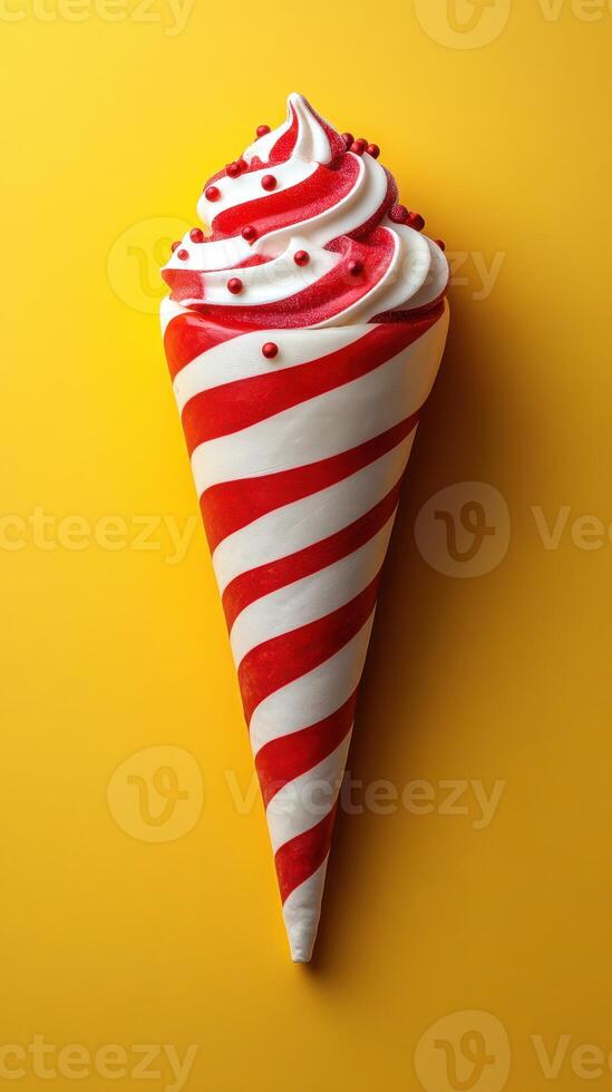 Colorful dessert cone with red and white swirls topped with sprinkles against a yellow background photo