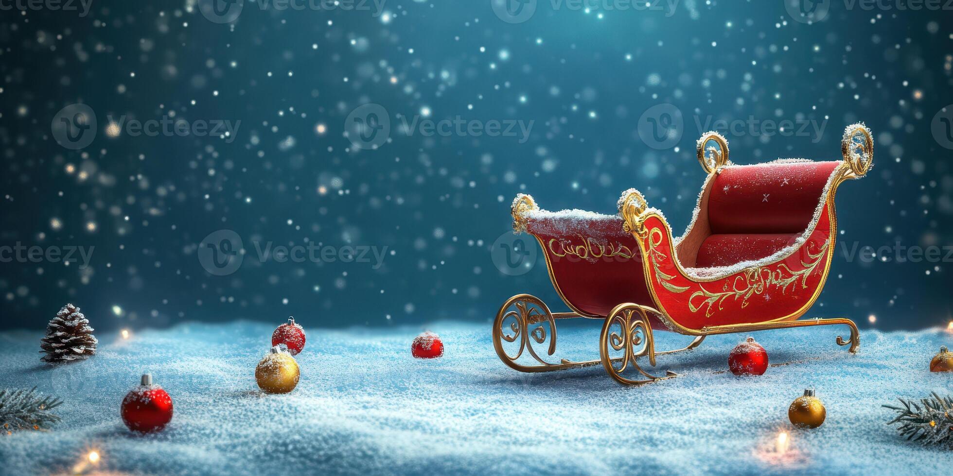 Snowy winter scene with a decorated sleigh surrounded by ornaments and pine cones photo