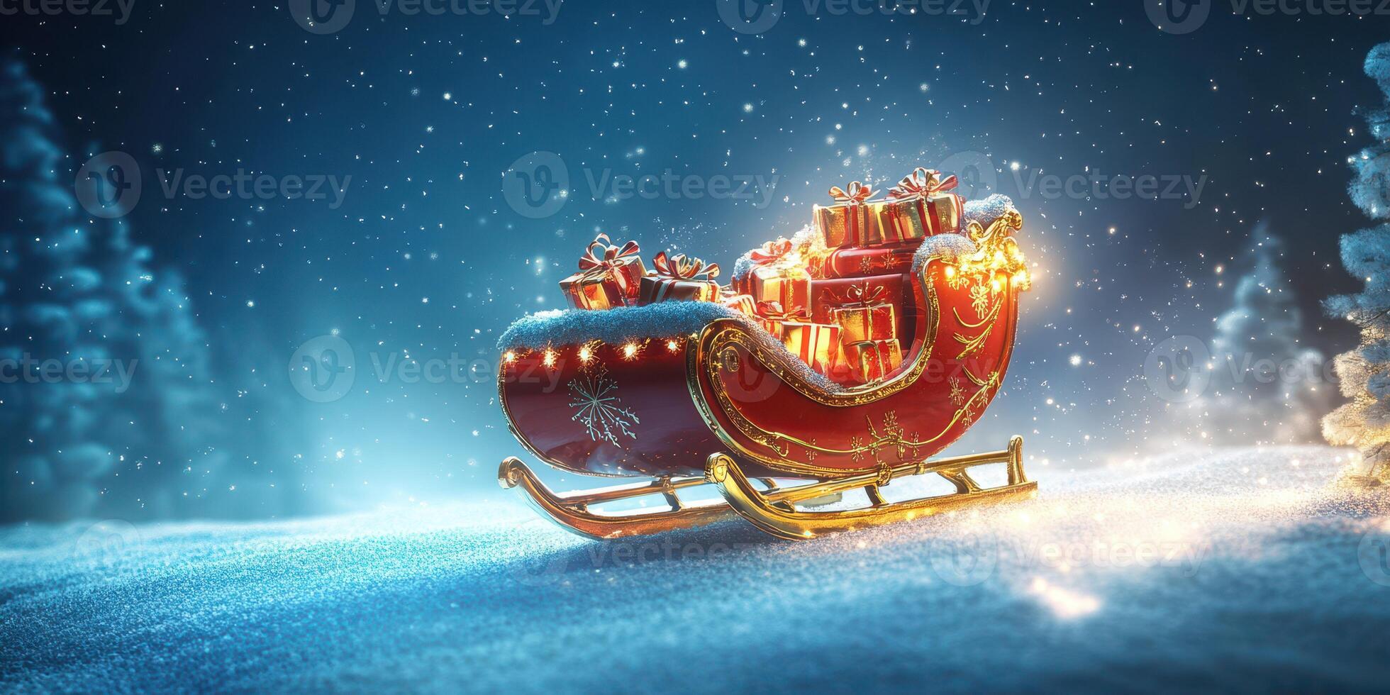 Holiday sleigh filled with gifts resting on a snowy landscape under a starry sky at night photo