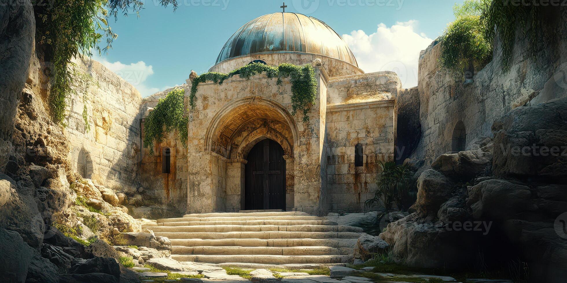Historic structure in a serene landscape showcasing ancient architecture under a bright sky photo