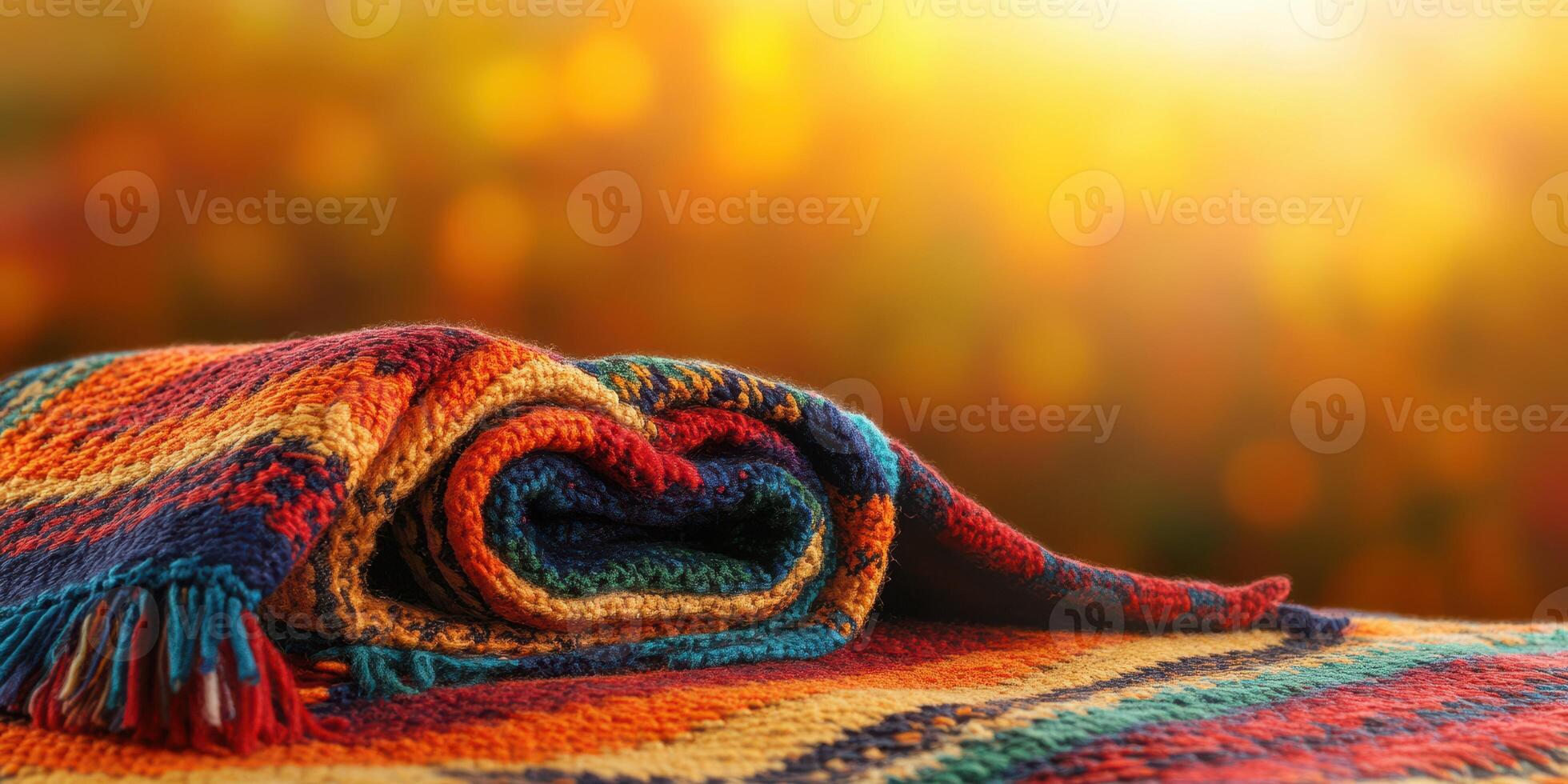 Colorful woven blanket resting on a wooden surface as sunlight creates a warm glow during the golden hour photo