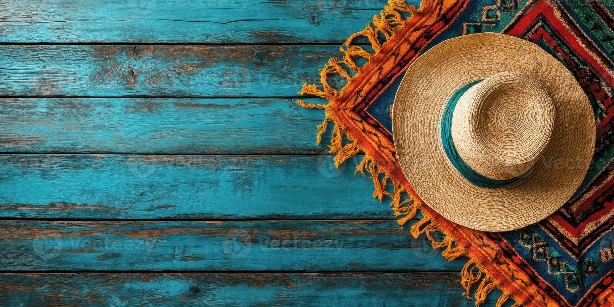 Straw hat and colorful blanket on a rustic wooden table create a vibrant setting for a sunny summer day photo