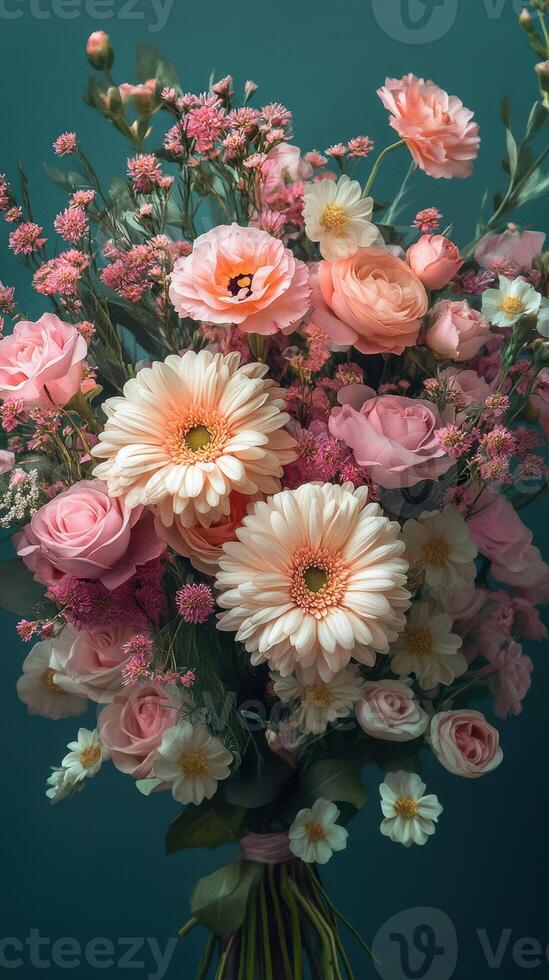 Vibrant bouquet of pink and white flowers arranged artistically against a teal background photo