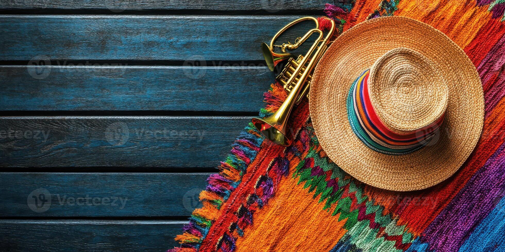 Colorful woven blanket and brass trumpet with a traditional hat on a wooden surface in a festive setting photo