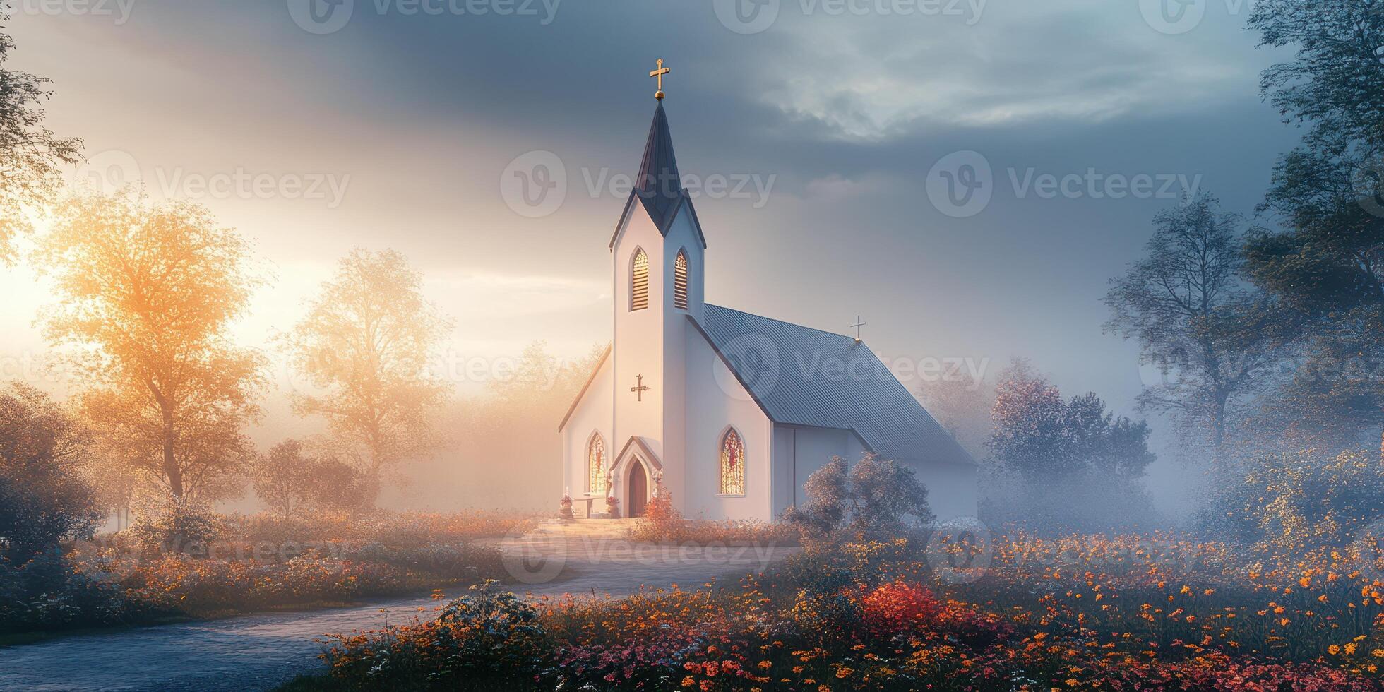 Serene morning at a white church surrounded by mist and autumn colors in a tranquil landscape photo