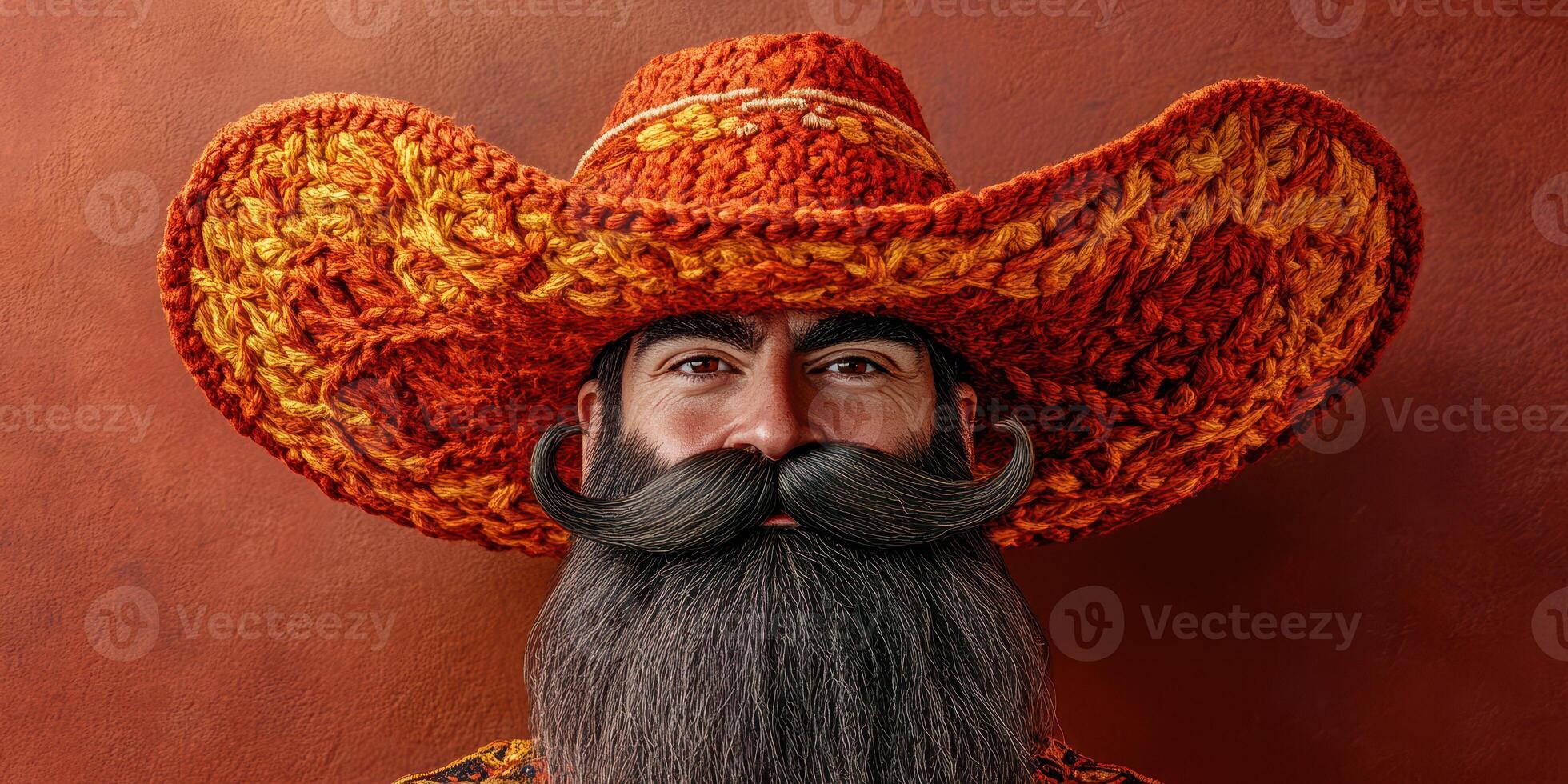 Man with a vibrant orange sombrero and a magnificent beard poses against a textured brown wall photo