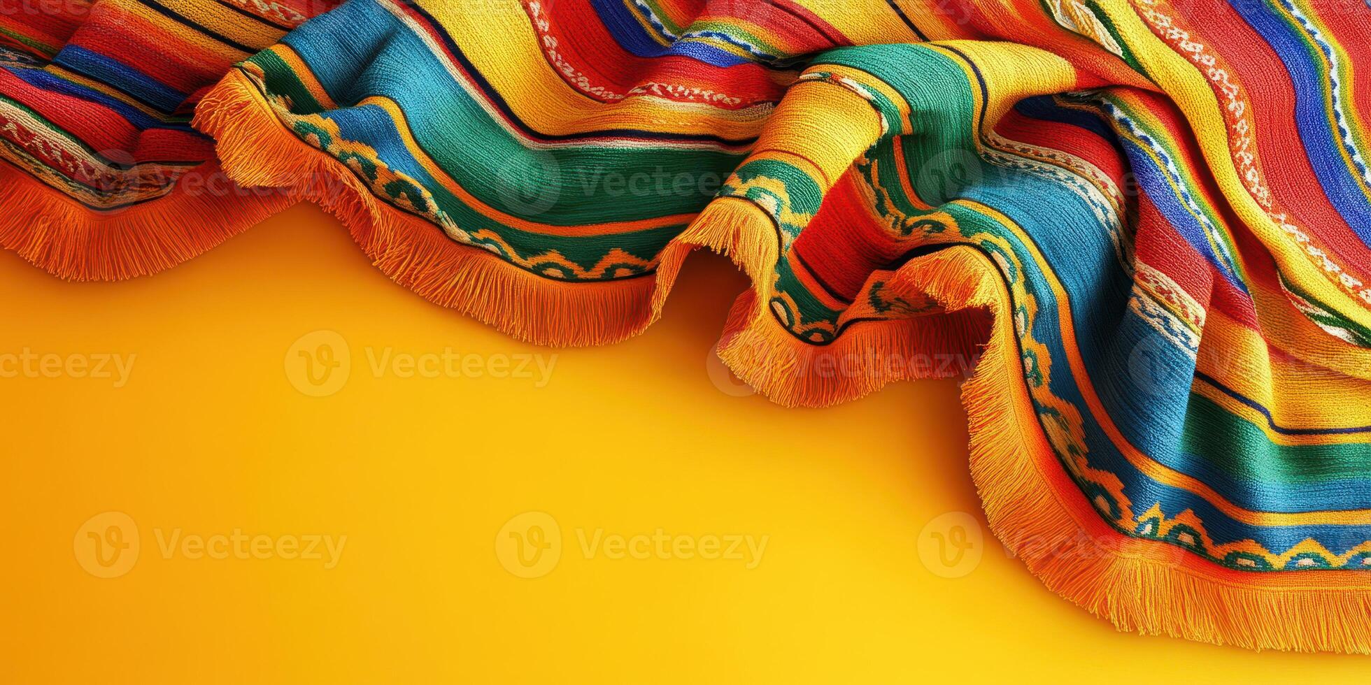 Colorful woven textile drapes beautifully on vibrant yellow background showcasing intricate patterns and textures photo