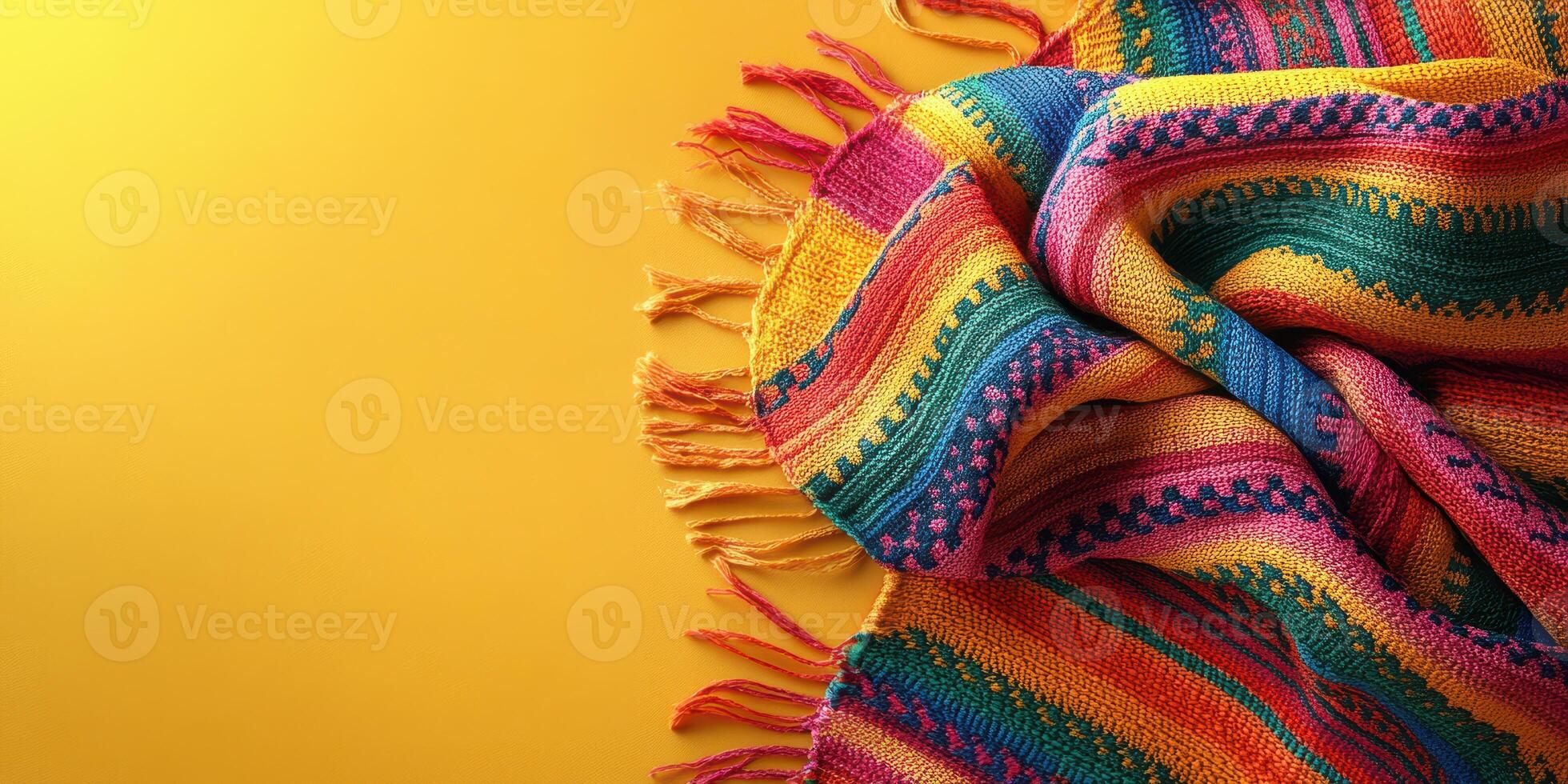 Colorful woven blanket displayed on a bright yellow background for artistic effect and visual appeal during a crafting session photo