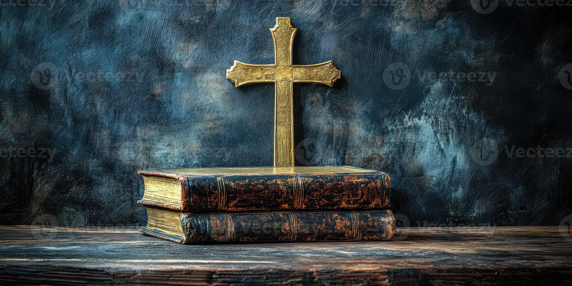 Religious symbolism with a cross on top of antique books in a rustic setting photo