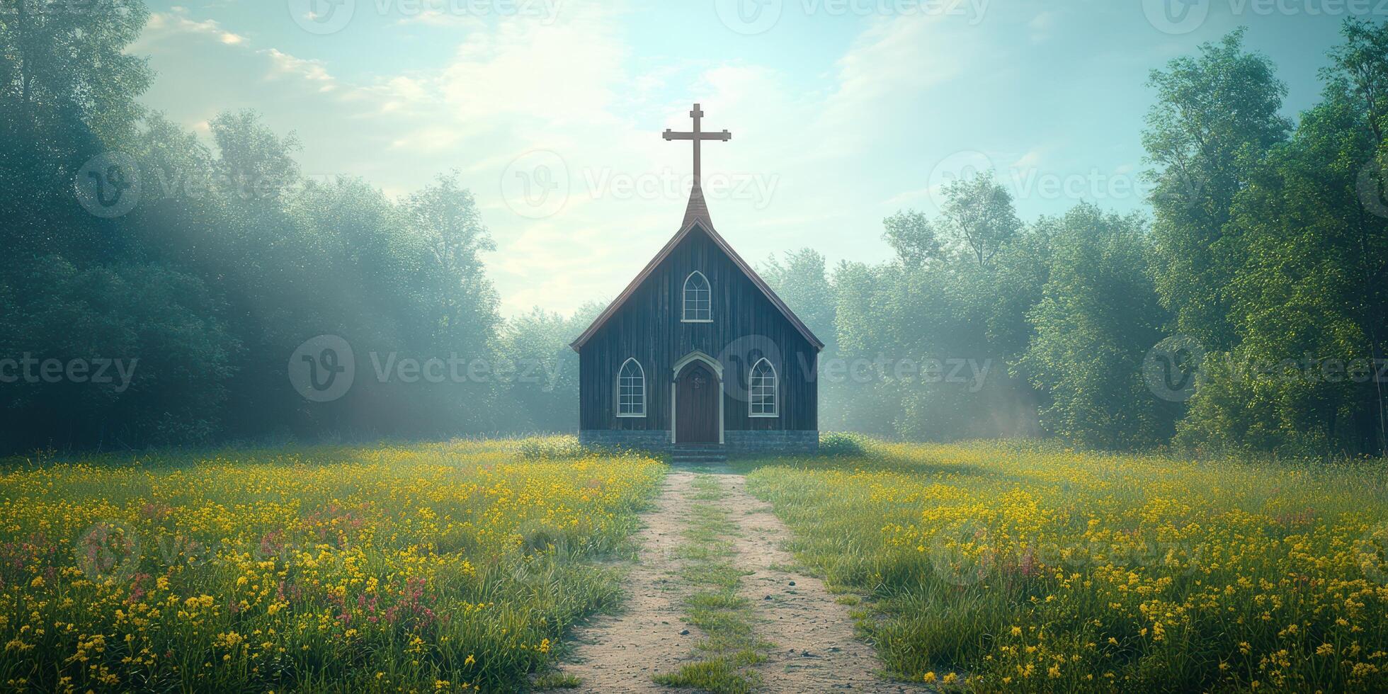 Charming rural church surrounded by wildflowers in a misty landscape during early morning photo